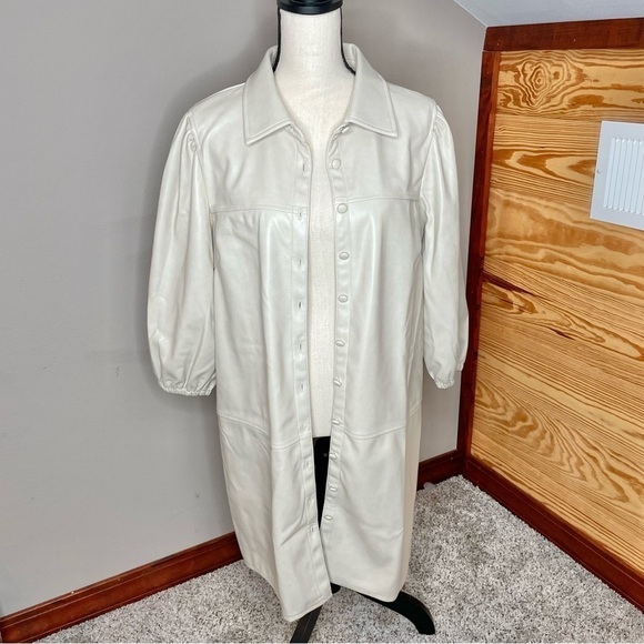 7 For All Mankind Beige Faux Leather Button Up Long Jacket Trench Coat Large - Picture 4 of 11